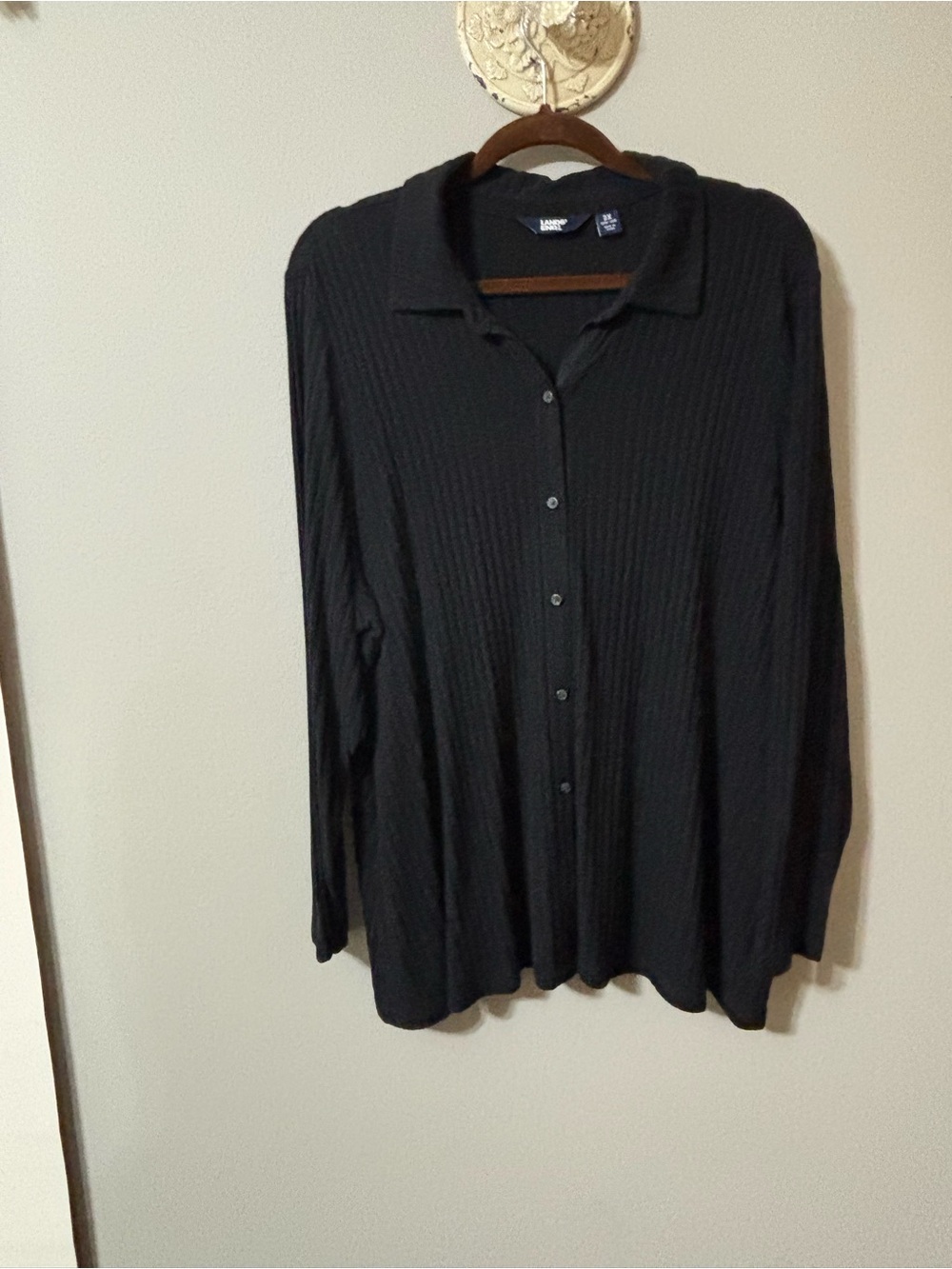 Lands' End Black Ribbed Button-Up Top